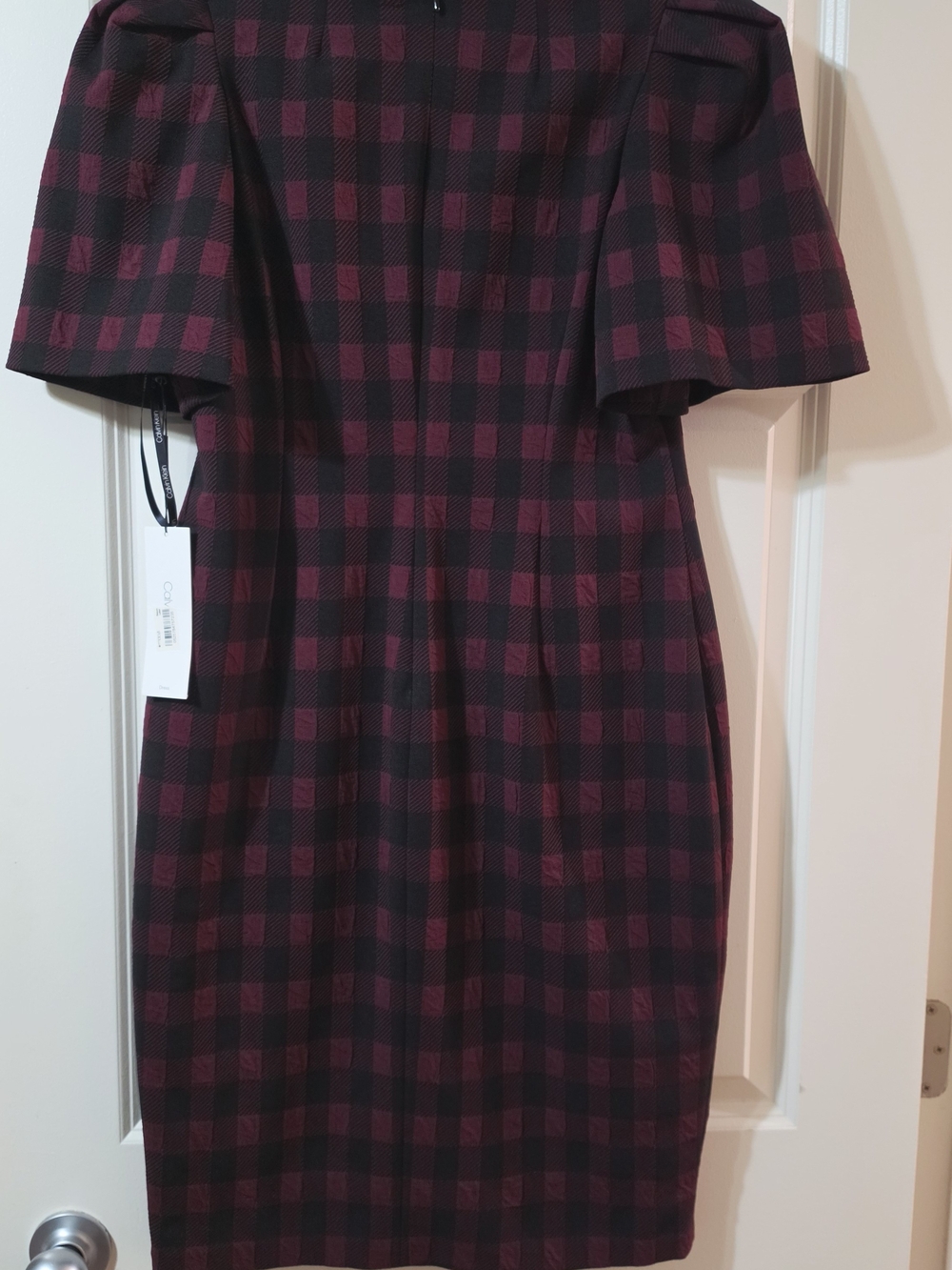 Calvin Klein Burgundy and Black Check Midi Sheath Dress Size 10 - Picture 2 of 3